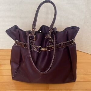 Aubergine/Purple Nylon Fabric large drawstring slouchy purse w leather handle